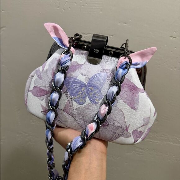 Butterfly Print Cowhide Leather Handmade Rivet Frame Push Lock Multi Use Handbag - Picture 3 of 16